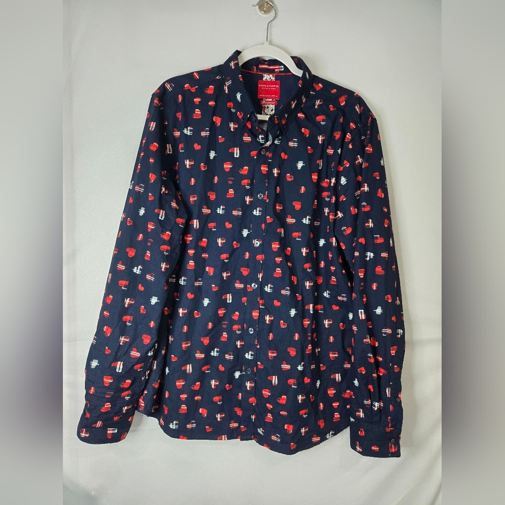 Denim & Flower Men's Navy and Red Heart Patterned Shirt Size XL
